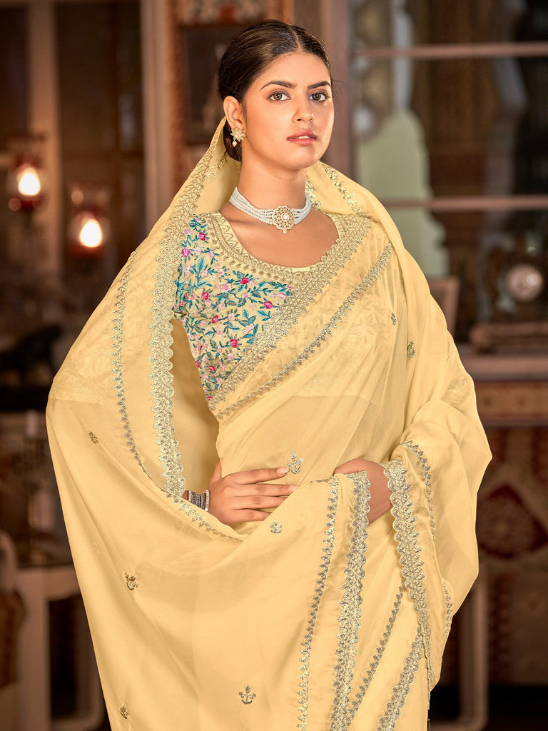 Yellow Organza Embroidered Saree With Unstitched Blouse Clothsvilla