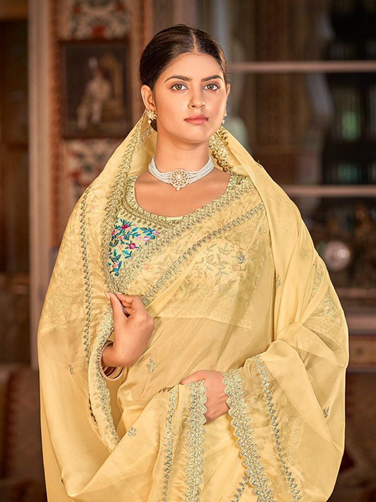 Yellow Organza Embroidered Saree With Unstitched Blouse Clothsvilla