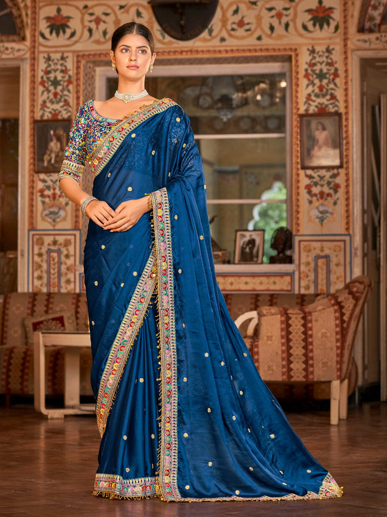 Dark Blue Organza Embroidered Saree With Unstitched Blouse Clothsvilla