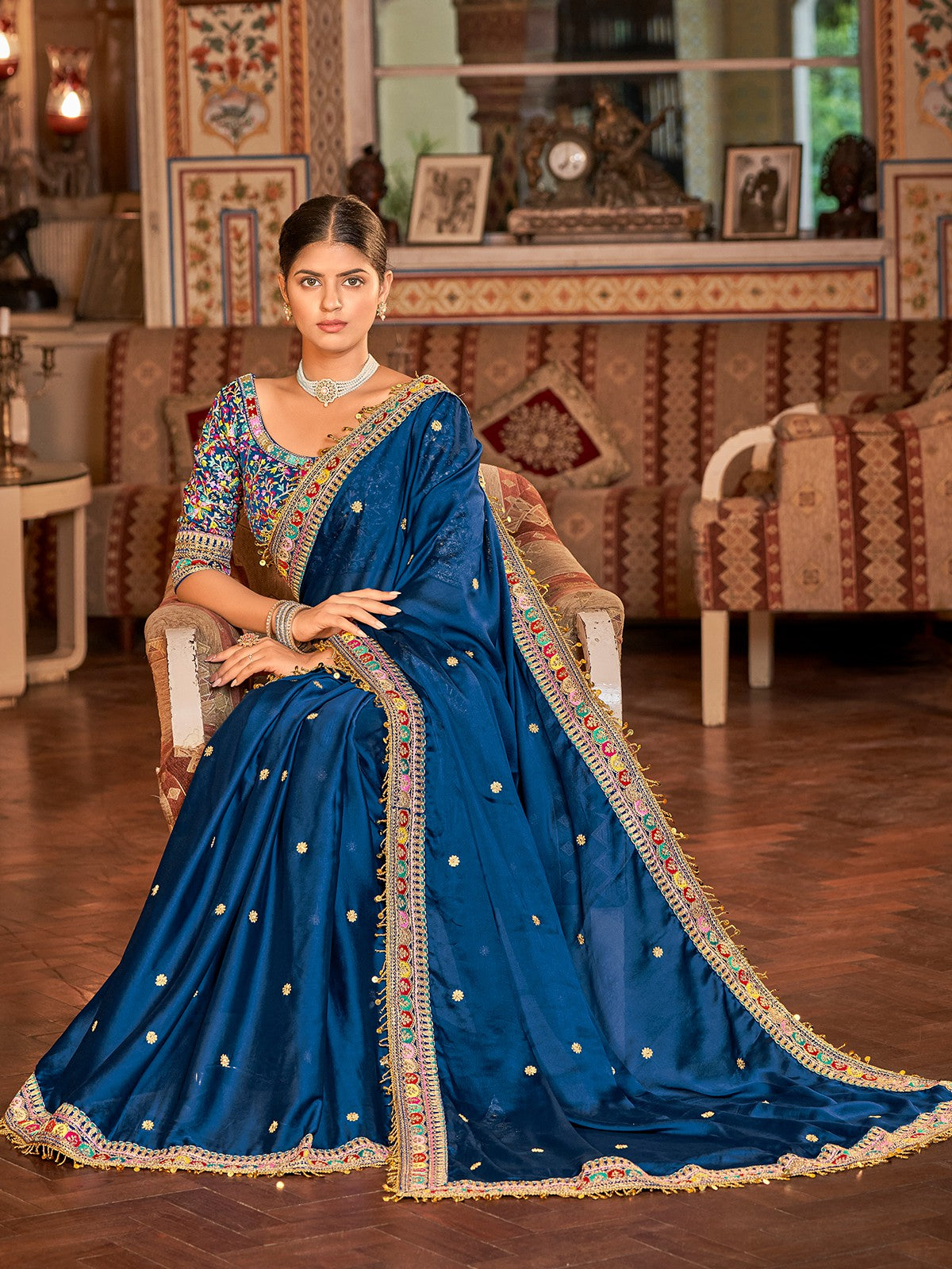 Dark Blue Organza Embroidered Saree With Unstitched Blouse Secondary image