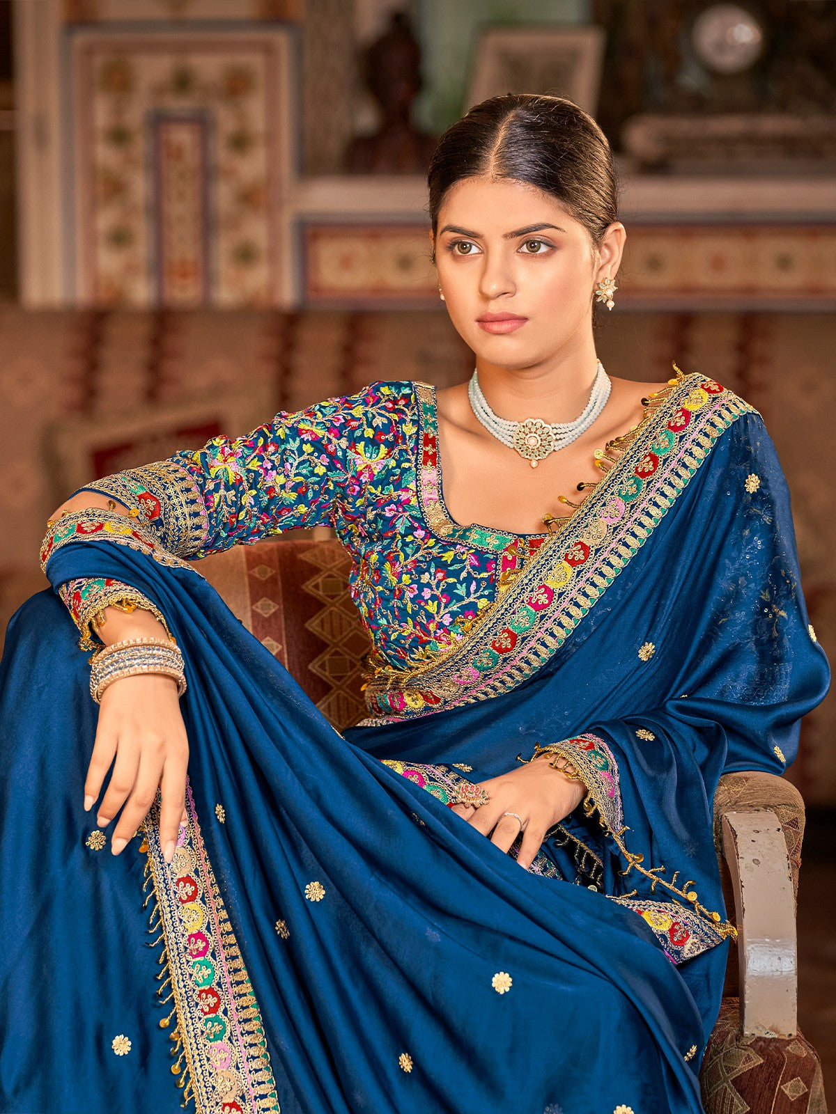Dark Blue Organza Embroidered Saree With Unstitched Blouse Clothsvilla