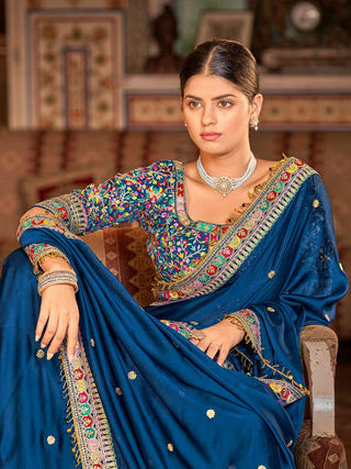 Dark Blue Organza Embroidered Saree With Unstitched Blouse Clothsvilla