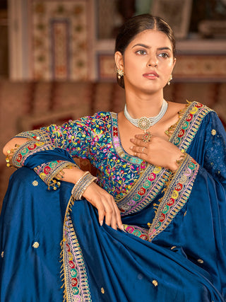 Dark Blue Organza Embroidered Saree With Unstitched Blouse Clothsvilla