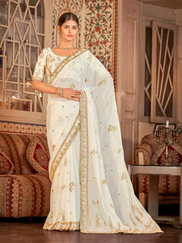 White Organza Embroidered Saree With Unstitched Blouse Clothsvilla