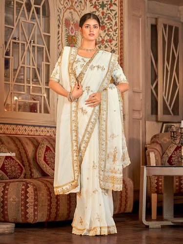 White Organza Embroidered Saree With Unstitched Blouse Clothsvilla