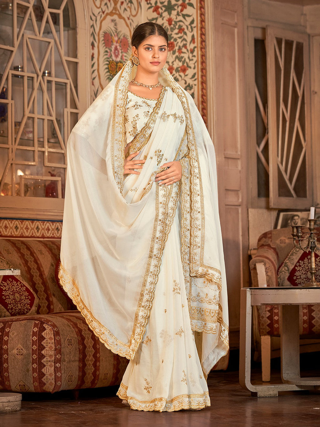 White Organza Embroidered Saree With Unstitched Blouse Clothsvilla