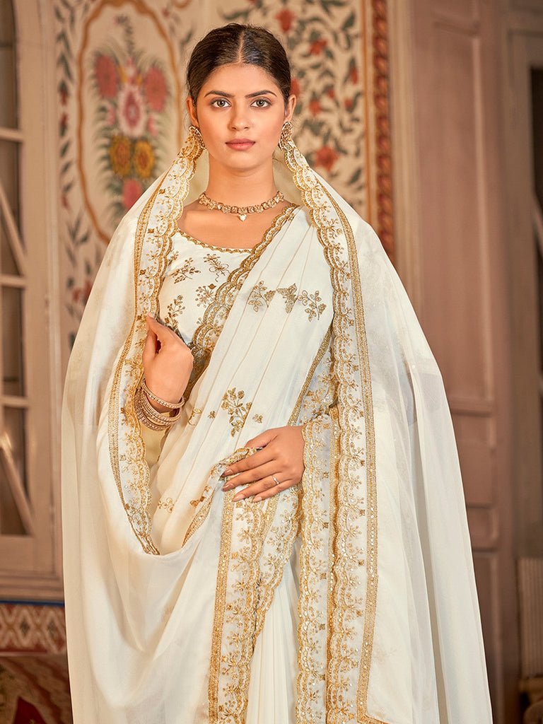 White Organza Embroidered Saree With Unstitched Blouse Clothsvilla