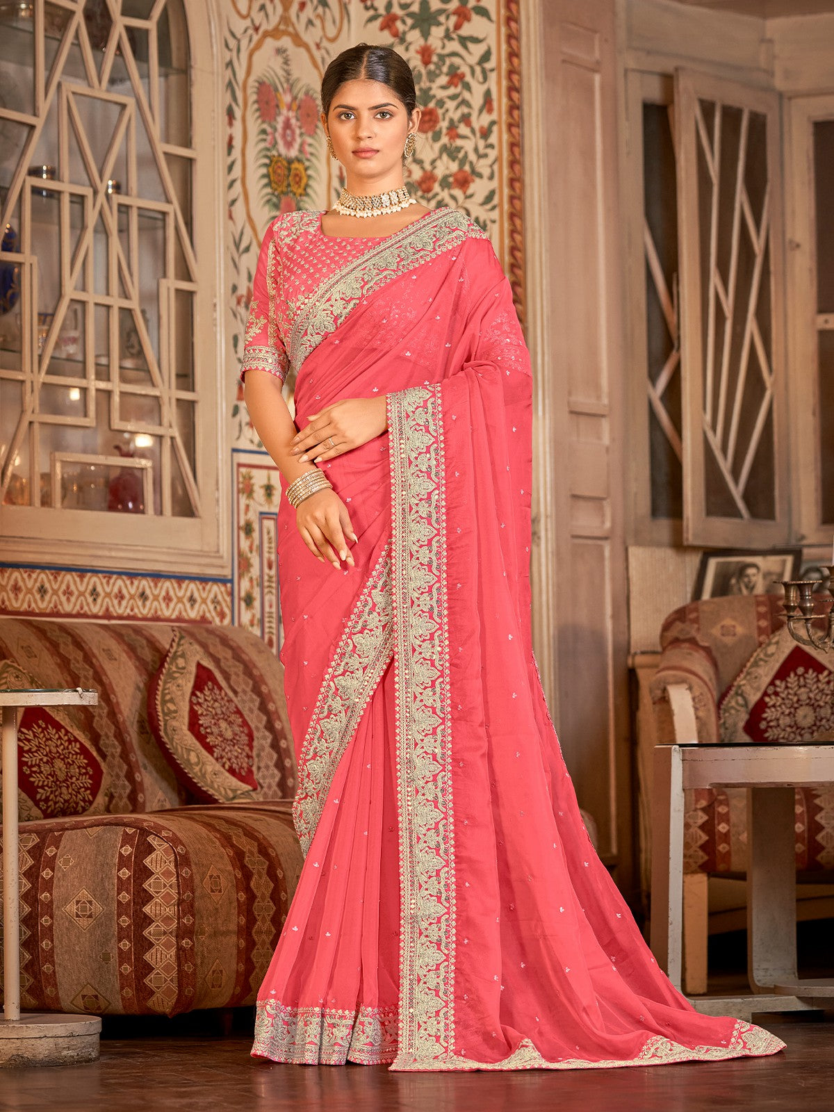 Pink Organza Embroidered Saree With Unstitched Blouse Clothsvilla Main image