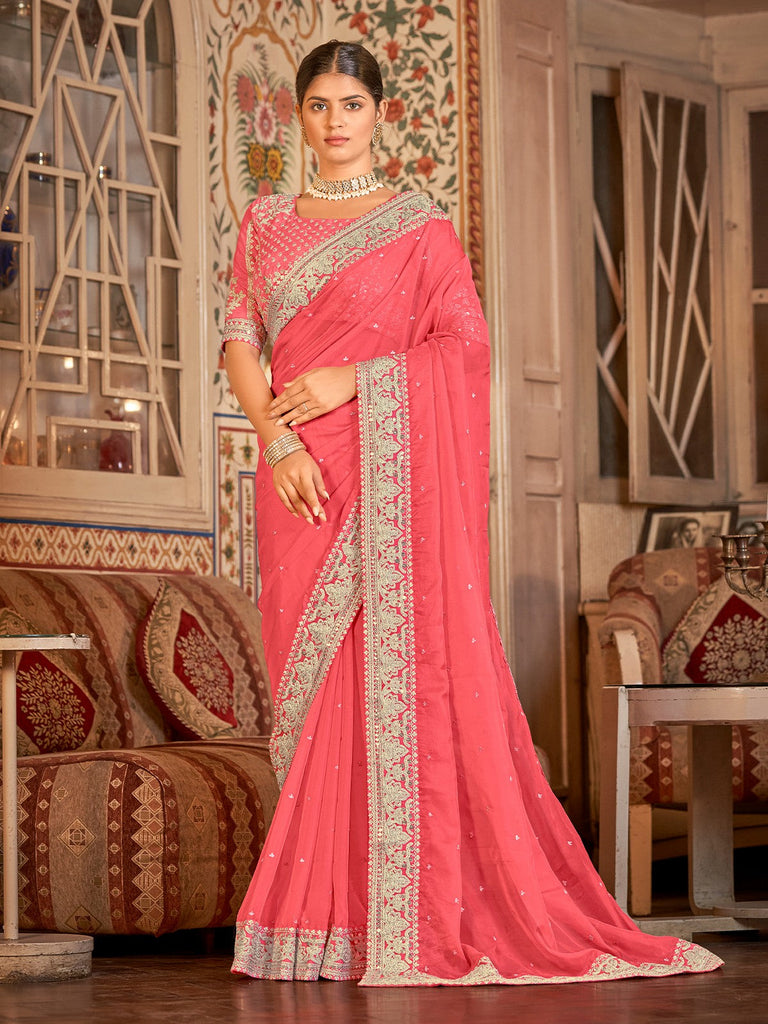 Pink Organza Embroidered Saree With Unstitched Blouse Clothsvilla