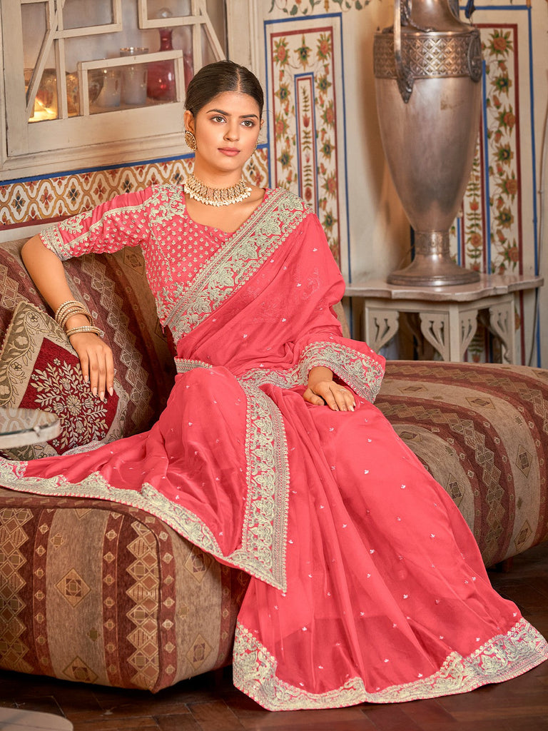 Pink Organza Embroidered Saree With Unstitched Blouse Clothsvilla