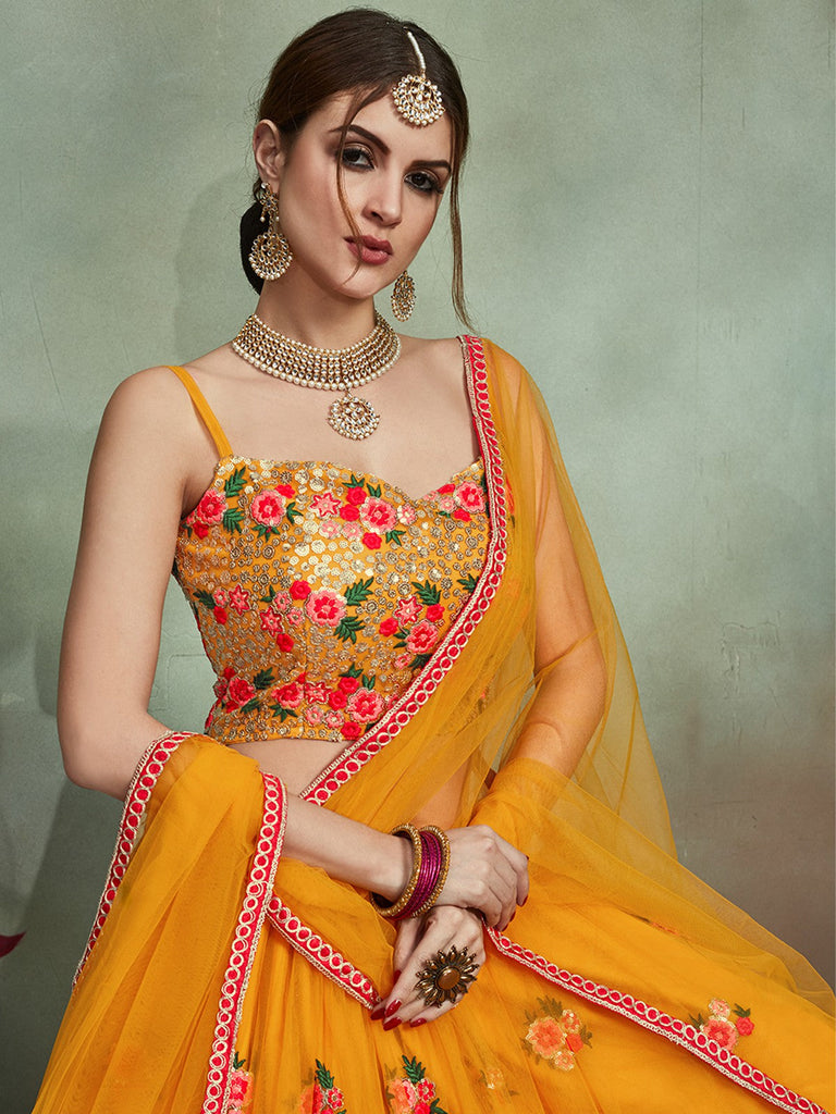 Mustard Color Soft Net Sequins Semi Stitched Lehenga With  Unstitched Blouse Clothsvilla