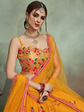 Load image into Gallery viewer, Mustard Color Soft Net Sequins Semi Stitched Lehenga With  Unstitched Blouse Clothsvilla