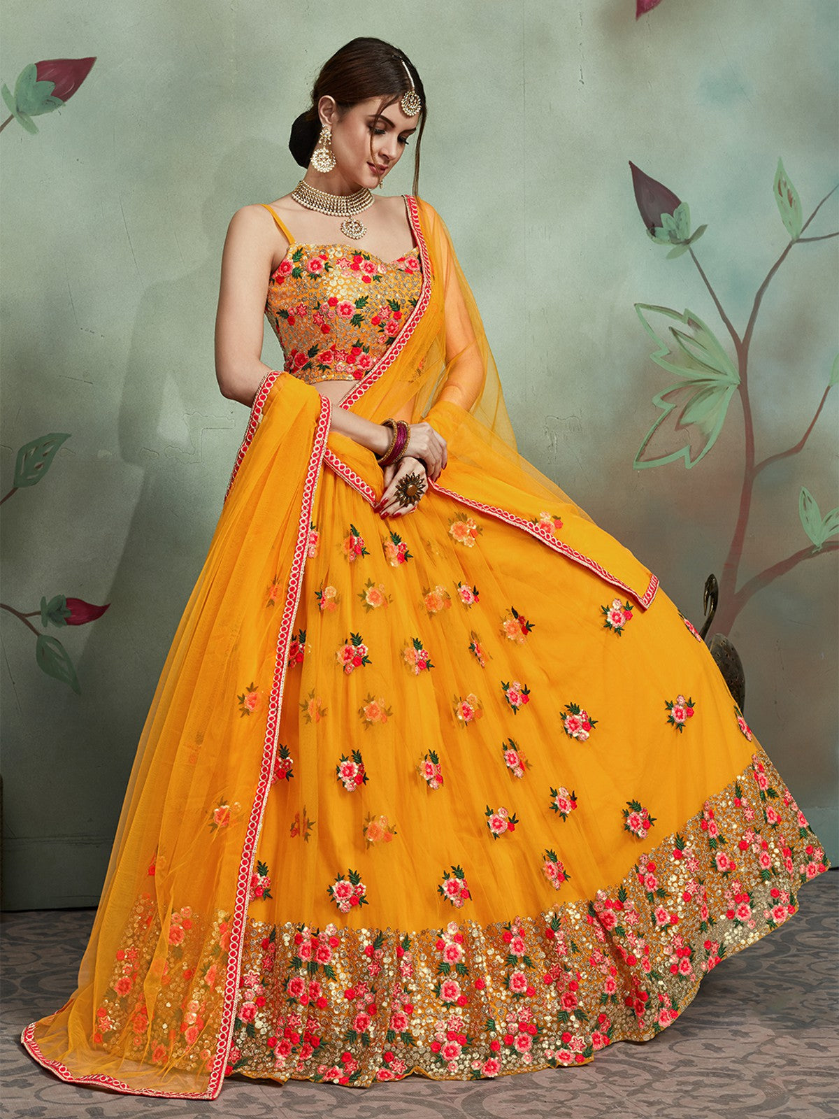 Mustard Color Soft Net Sequins Semi Stitched Lehenga With  Unstitched Blouse Clothsvilla