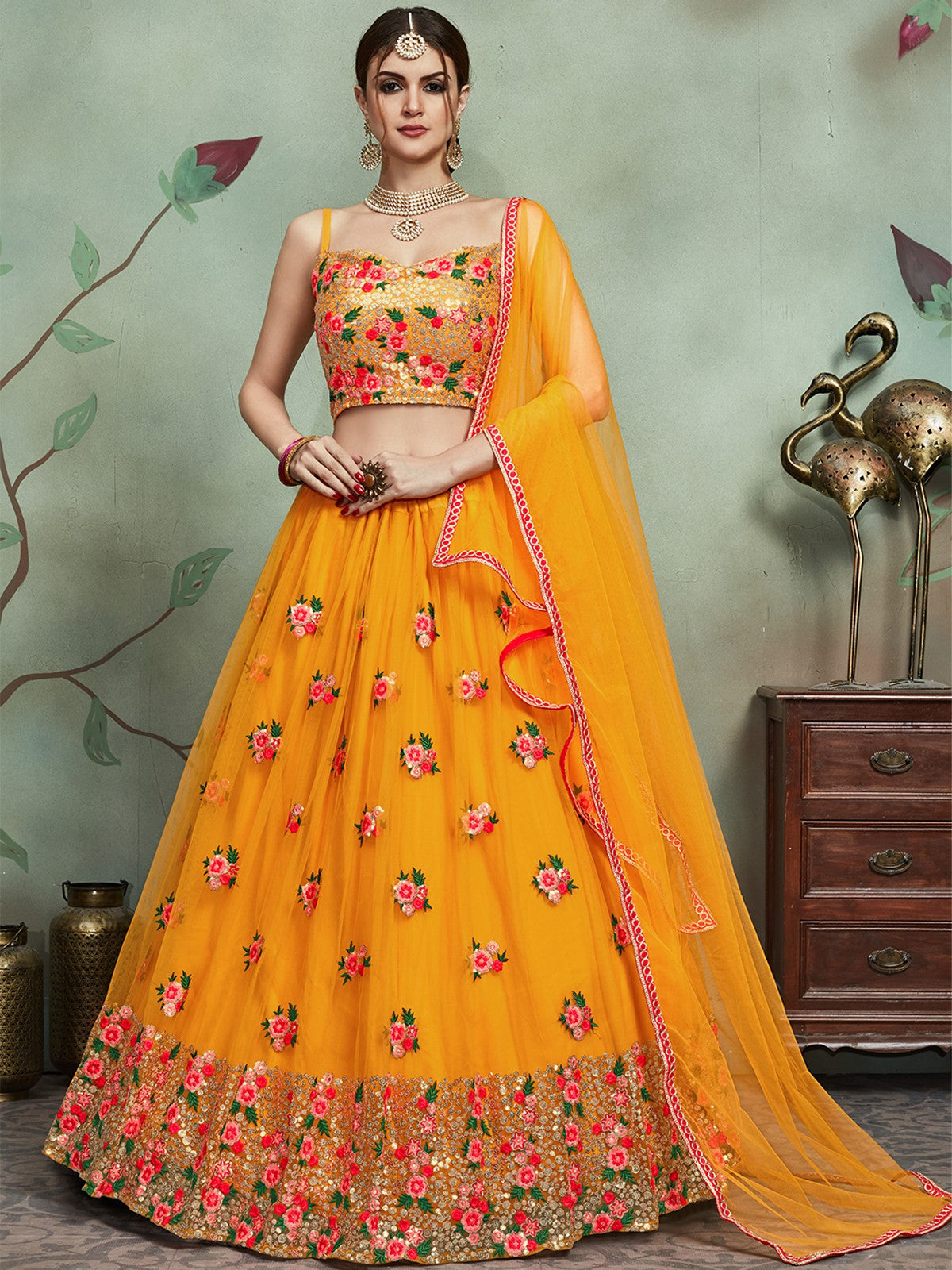 Mustard Color Soft Net Sequins Semi Stitched Lehenga With  Unstitched Blouse Clothsvilla
