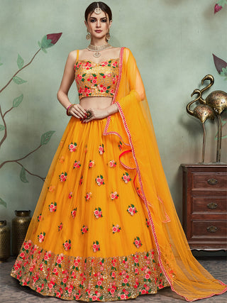 Mustard Color Soft Net Sequins Semi Stitched Lehenga With  Unstitched Blouse Clothsvilla