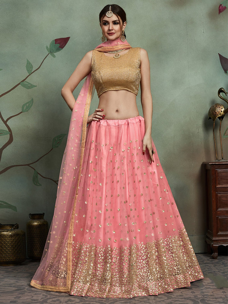 Peach  Soft Net Seqins Semi Stitched Lehenga With  Unstitched Blouse Clothsvilla