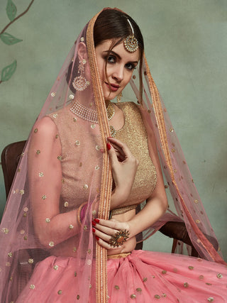 Peach  Soft Net Seqins Semi Stitched Lehenga With  Unstitched Blouse Clothsvilla