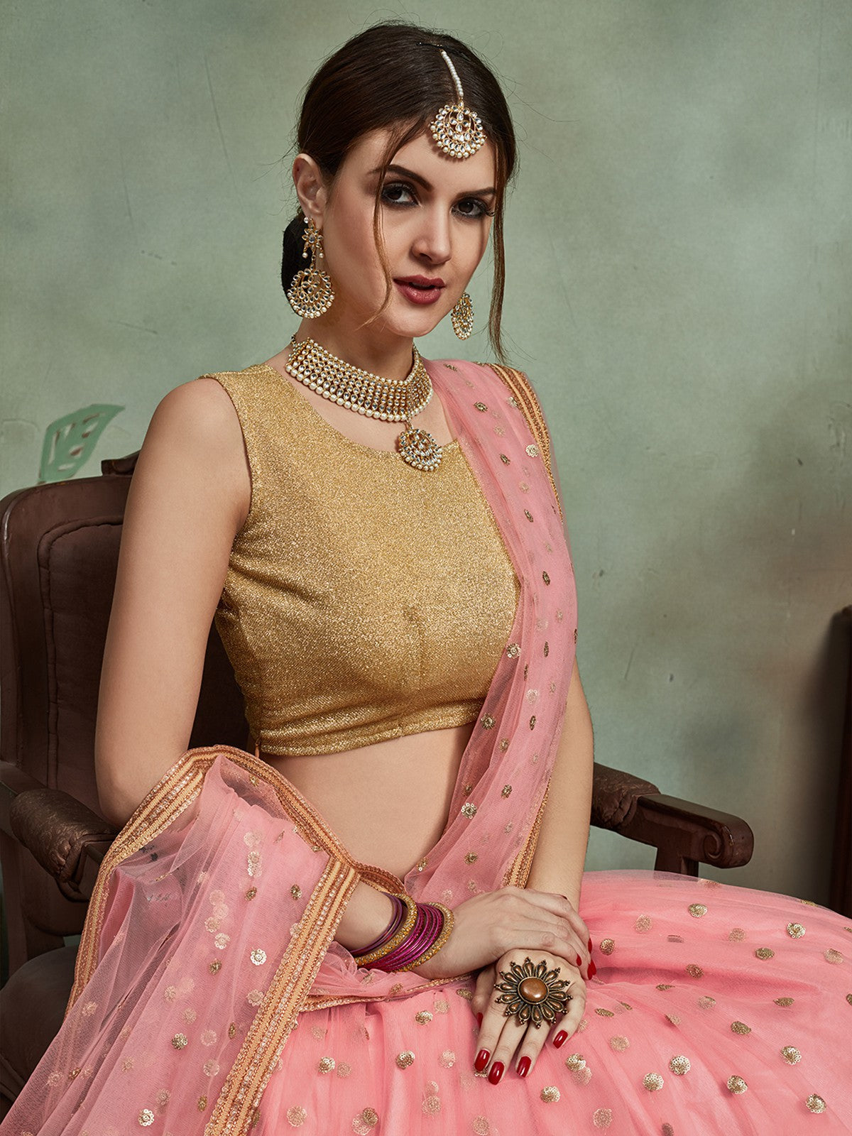 Peach  Soft Net Seqins Semi Stitched Lehenga With  Unstitched Blouse Clothsvilla