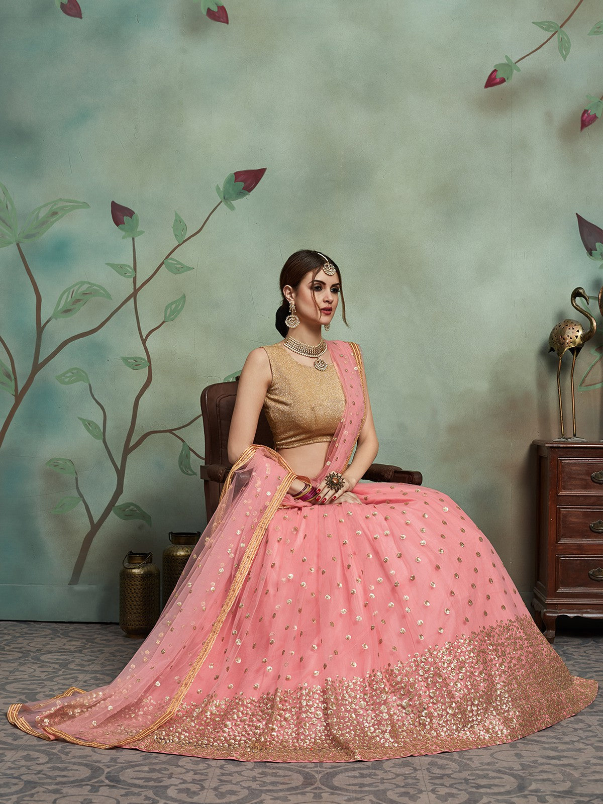 Peach  Soft Net Seqins Semi Stitched Lehenga With  Unstitched Blouse Clothsvilla