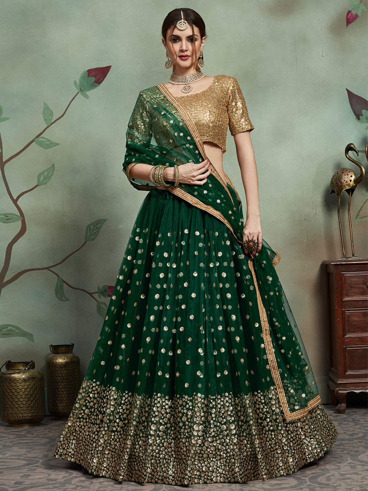 Stylish Dark Green Soft Net Semi Stitched Lehenga With  Unstitched Blouse Clothsvilla