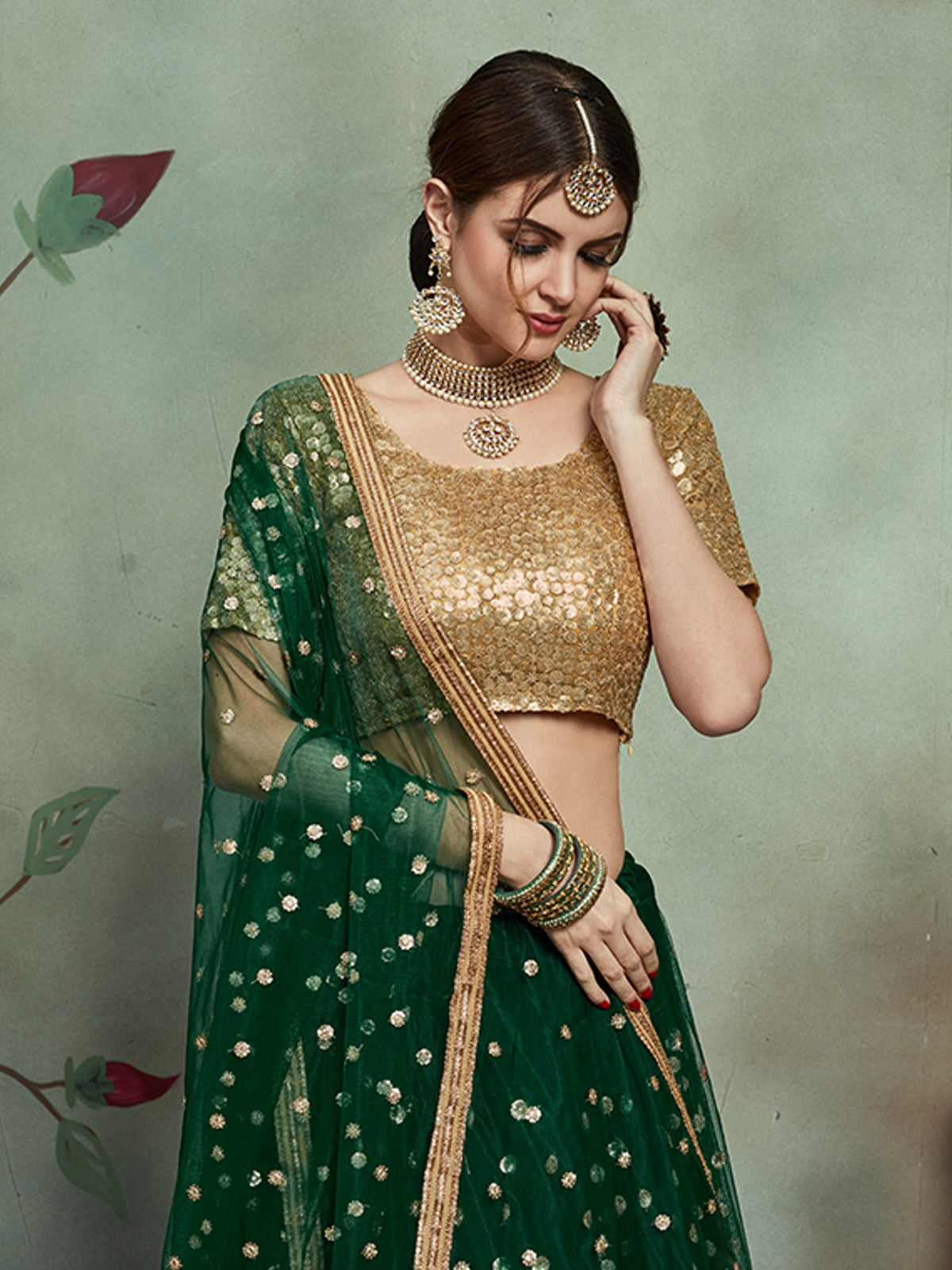 Stylish Dark Green Soft Net Semi Stitched Lehenga With  Unstitched Blouse Clothsvilla