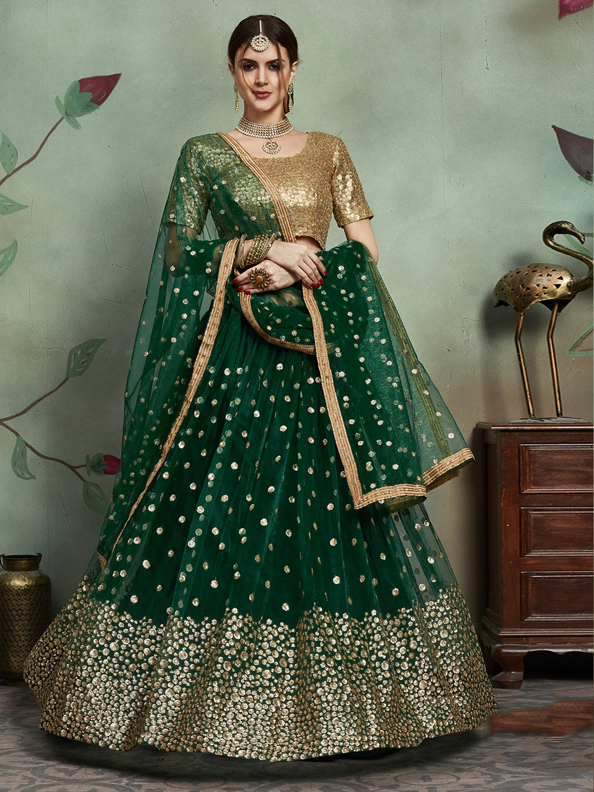 Stylish Dark Green Soft Net Semi Stitched Lehenga With  Unstitched Blouse Clothsvilla