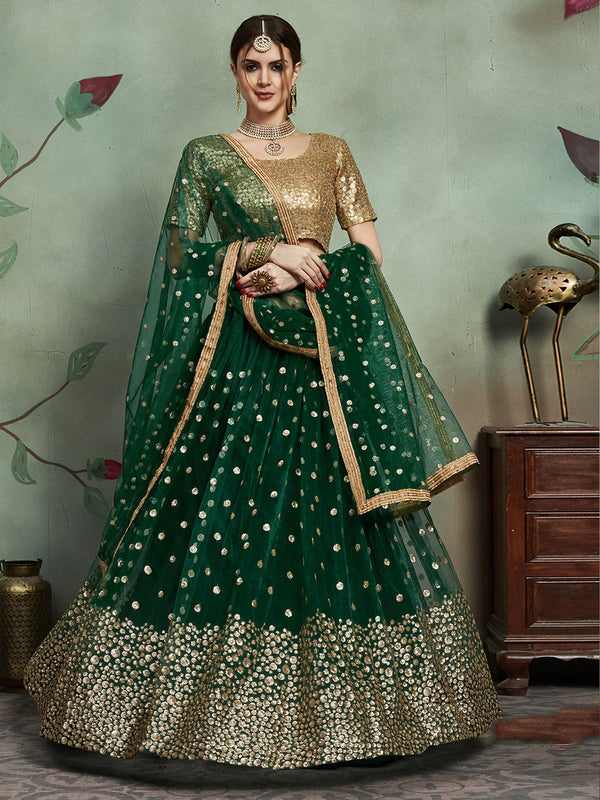Stylish Dark Green Soft Net Semi Stitched Lehenga With  Unstitched Blouse Clothsvilla
