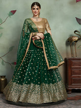 Load image into Gallery viewer, Stylish Dark Green Soft Net Semi Stitched Lehenga With  Unstitched Blouse Clothsvilla