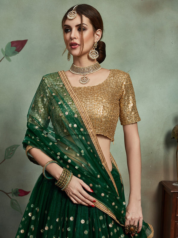 Stylish Dark Green Soft Net Semi Stitched Lehenga With  Unstitched Blouse Clothsvilla