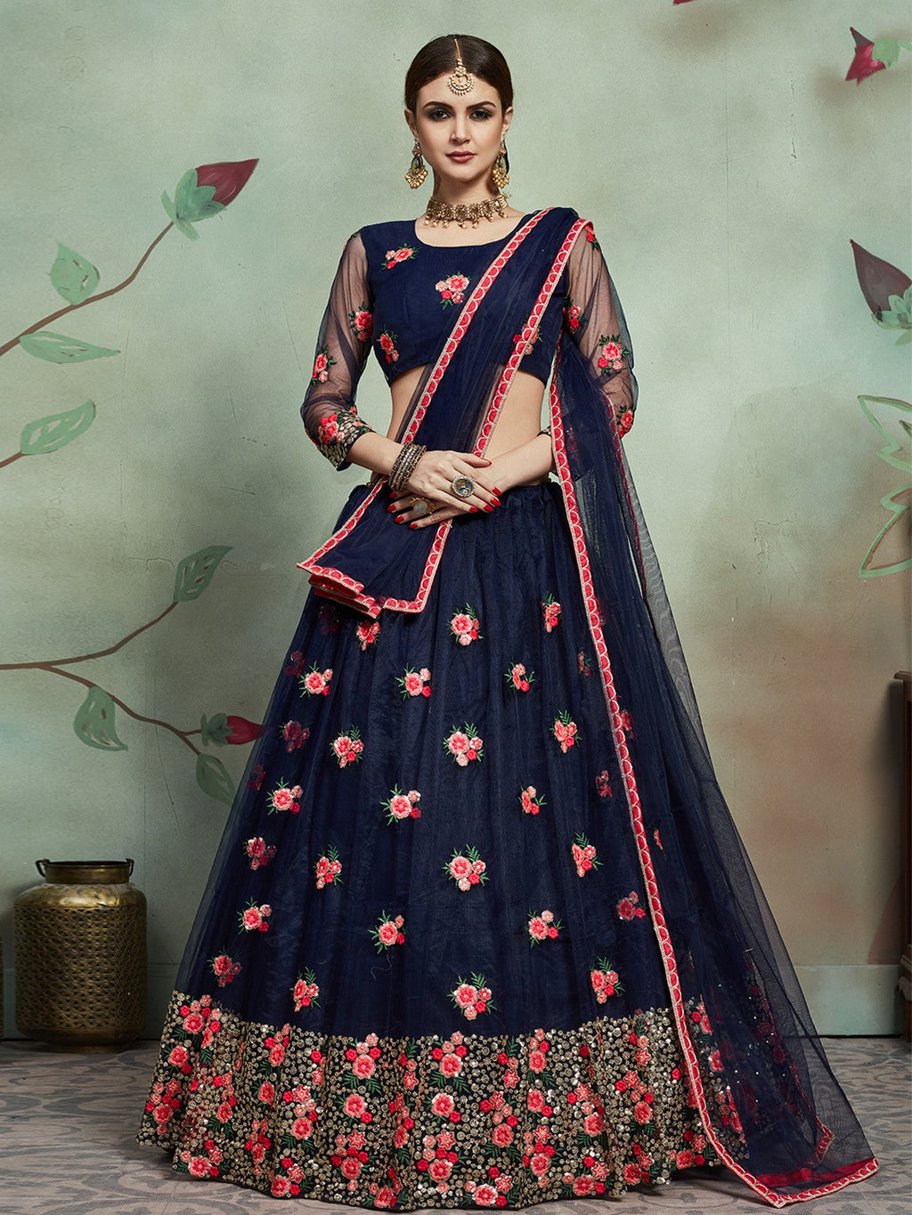 Designer Navy Blue Sequins Semi Stitched Lehenga With  Unstitched Blouse Clothsvilla