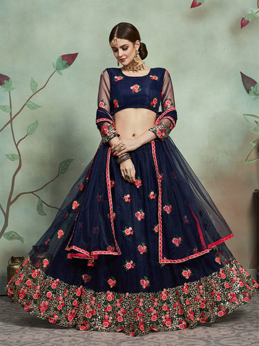 Designer Navy Blue Sequins Semi Stitched Lehenga With  Unstitched Blouse Clothsvilla