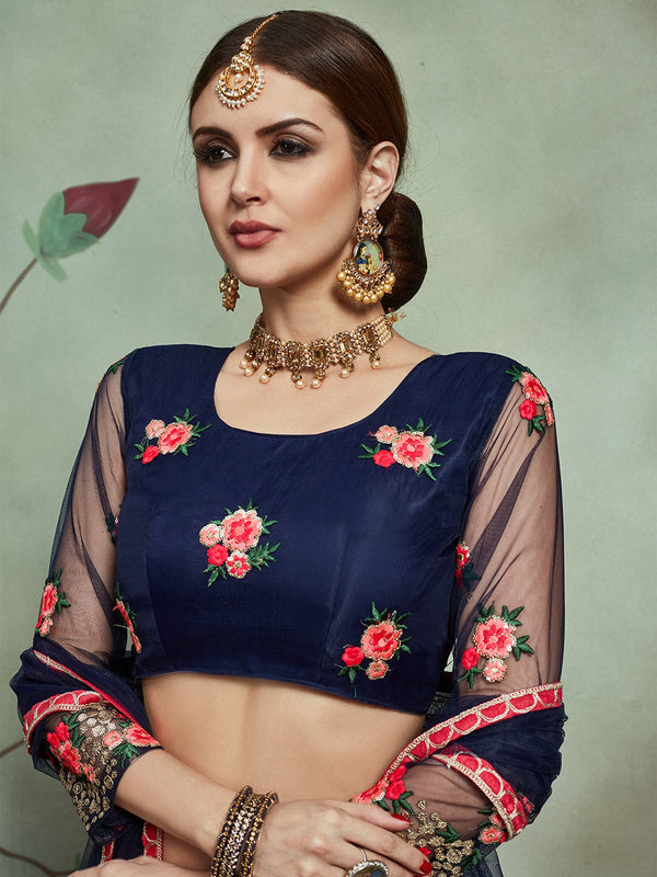 Designer Navy Blue Sequins Semi Stitched Lehenga With  Unstitched Blouse Clothsvilla