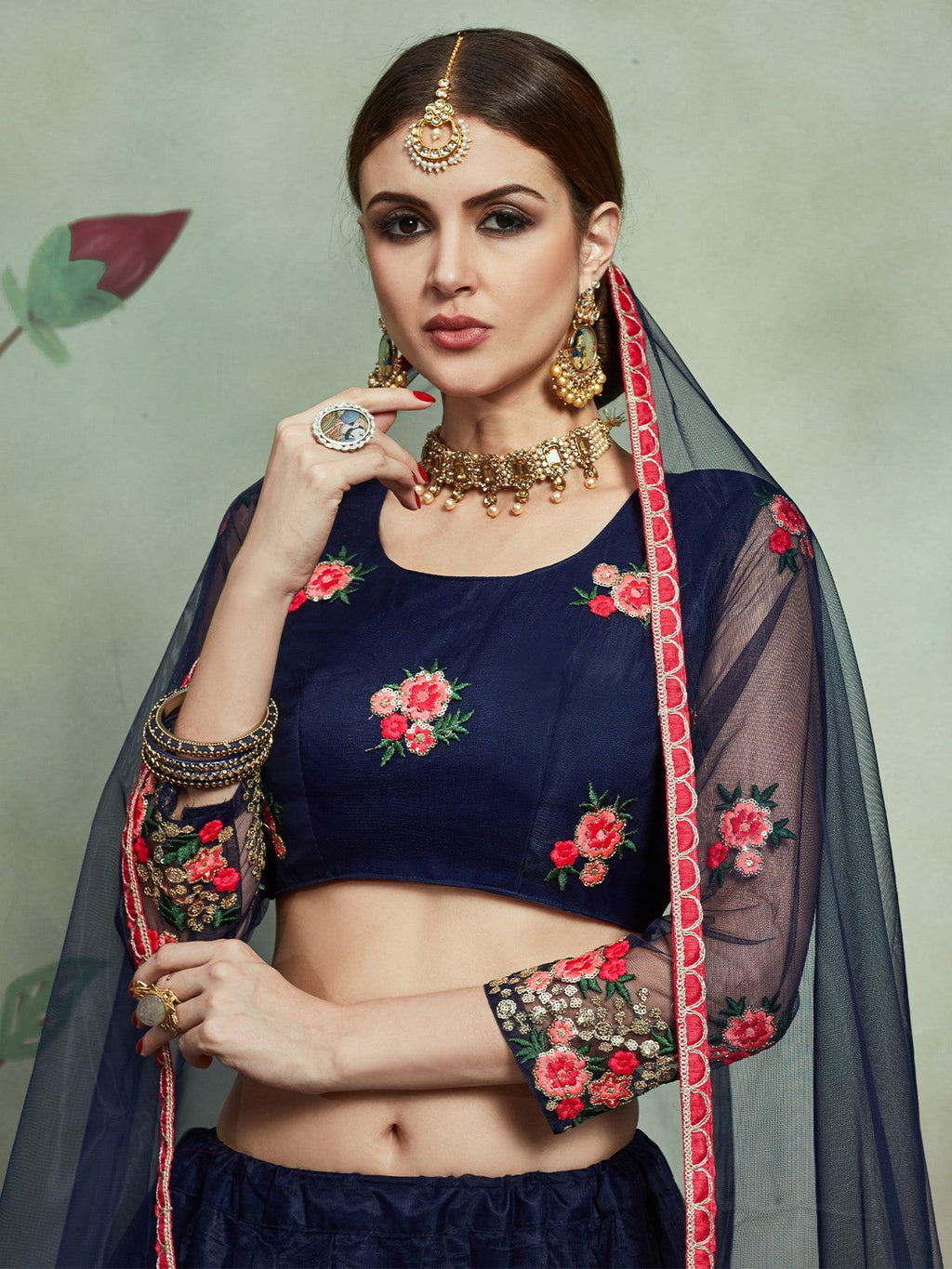 Designer Navy Blue Sequins Semi Stitched Lehenga With  Unstitched Blouse Clothsvilla