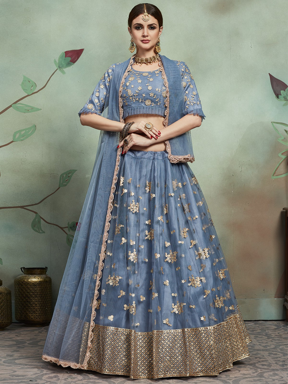 Grey Designer Semi Stitched Lehenga With  Unstitched Blouse Clothsvilla