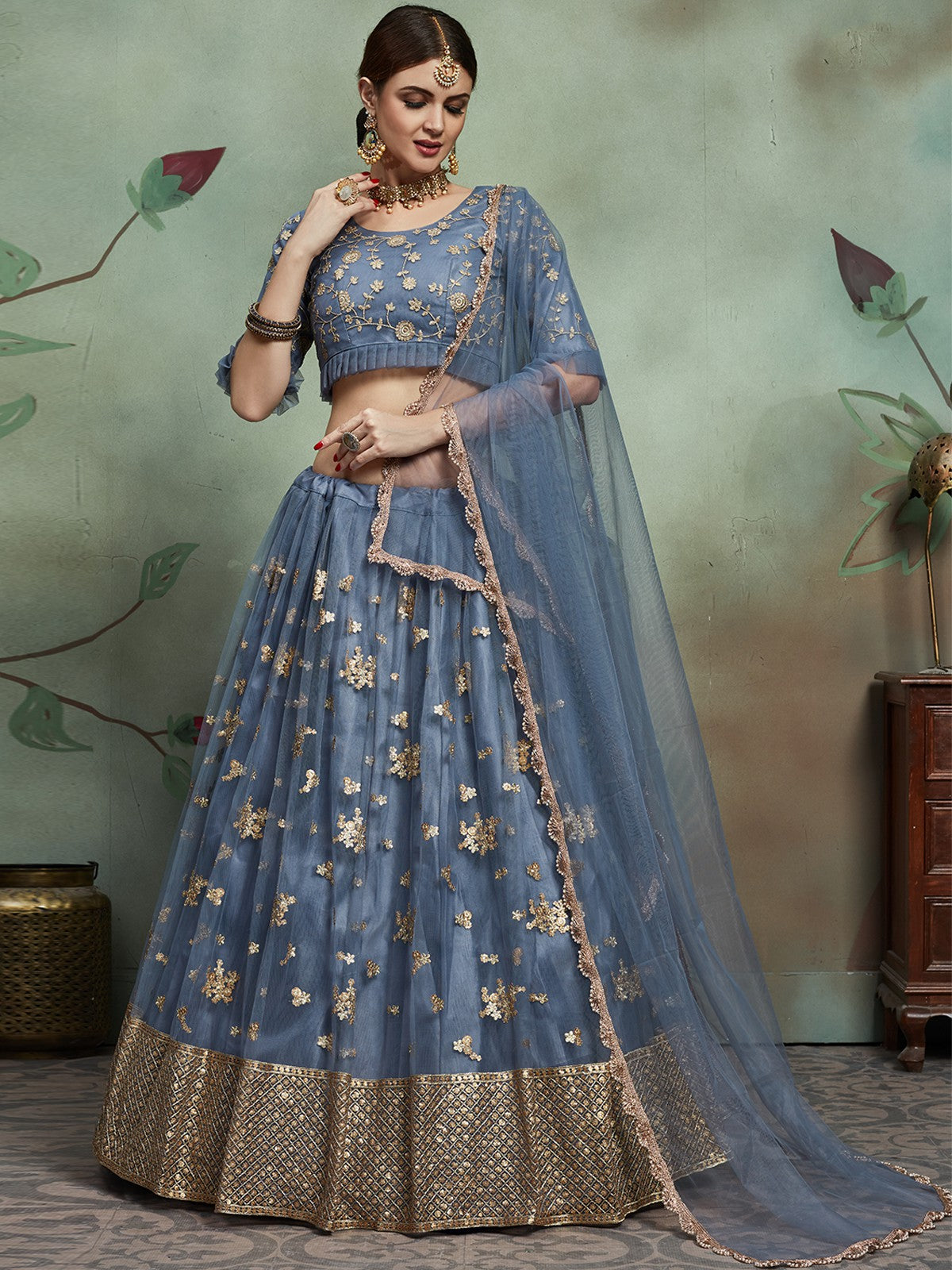 Grey Designer Semi Stitched Lehenga With  Unstitched Blouse Clothsvilla