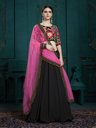 Black Classy Semi Stitched Lehenga With  Unstitched Blouse Clothsvilla
