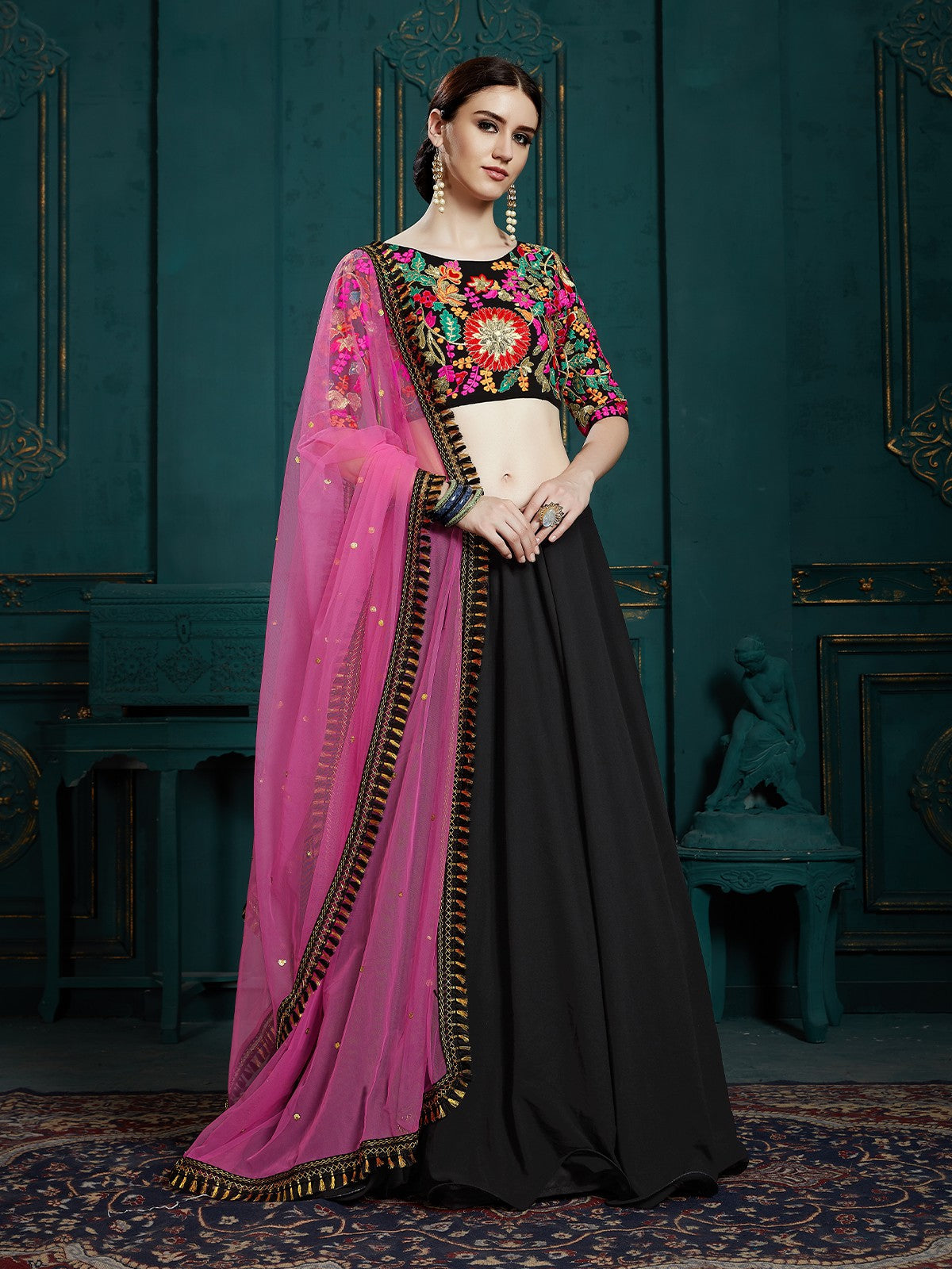 Black Classy Semi Stitched Lehenga With  Unstitched Blouse Clothsvilla