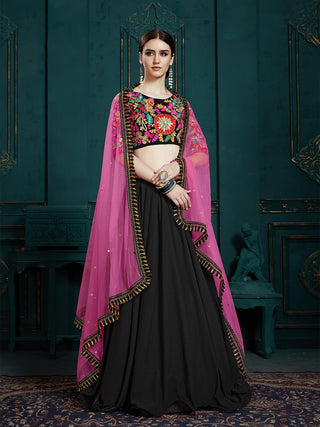 Black Classy Semi Stitched Lehenga With  Unstitched Blouse Clothsvilla