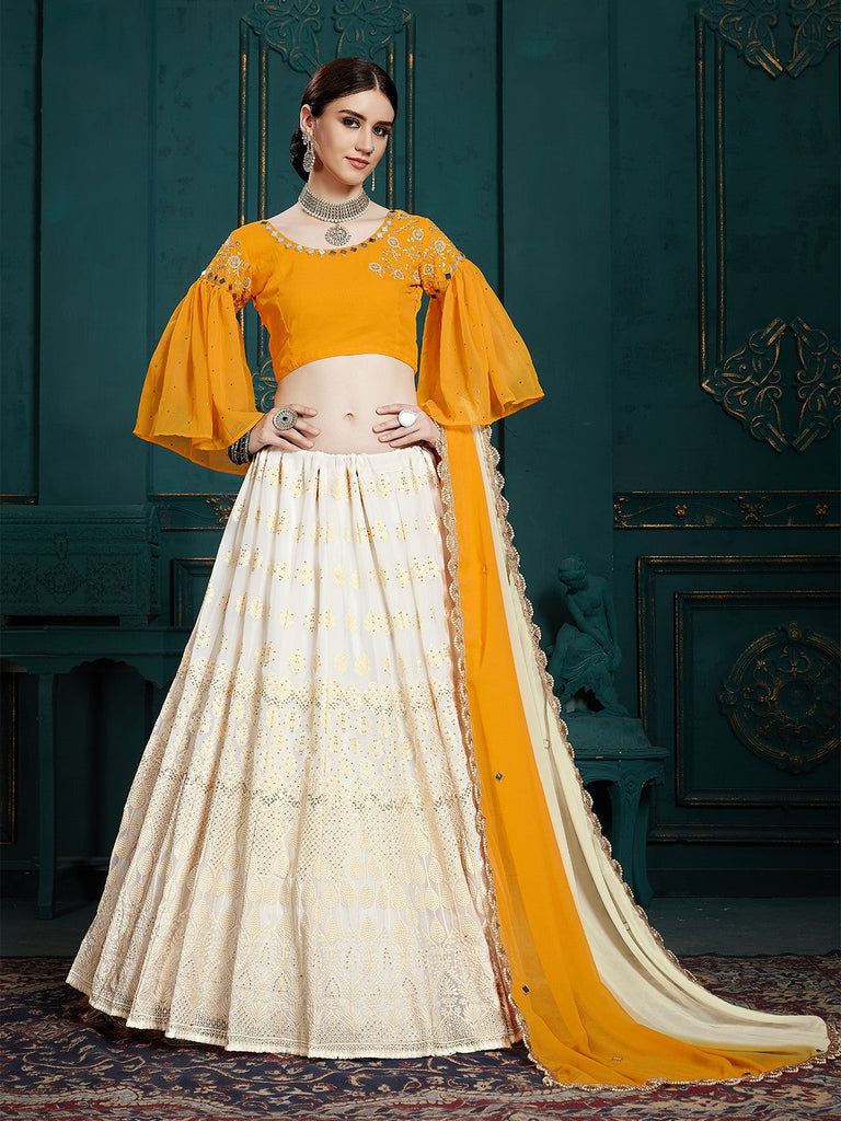 Designer White Semi Stitched Lehenga With  Unstitched Blouse Clothsvilla