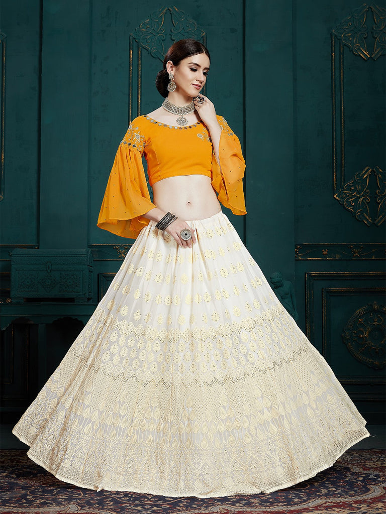 Designer White Semi Stitched Lehenga With  Unstitched Blouse Clothsvilla