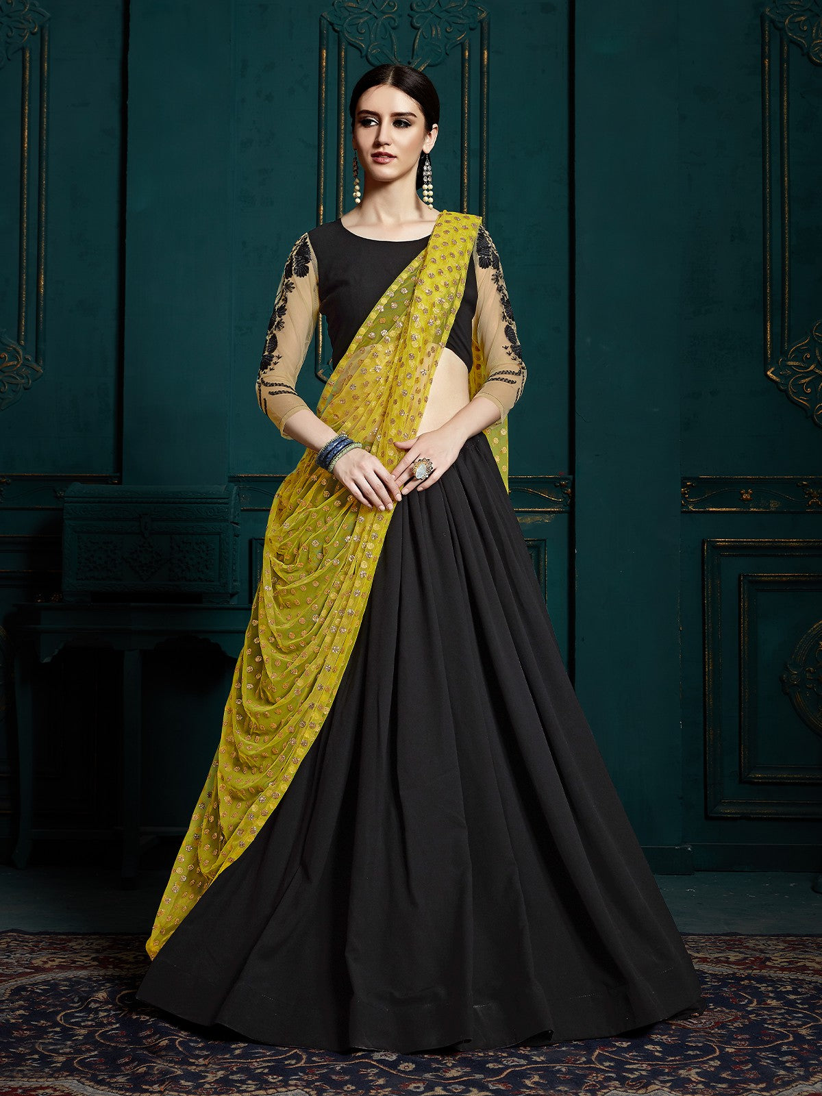 Black Classy Semi Stitched Lehenga With  Unstitched Blouse Clothsvilla