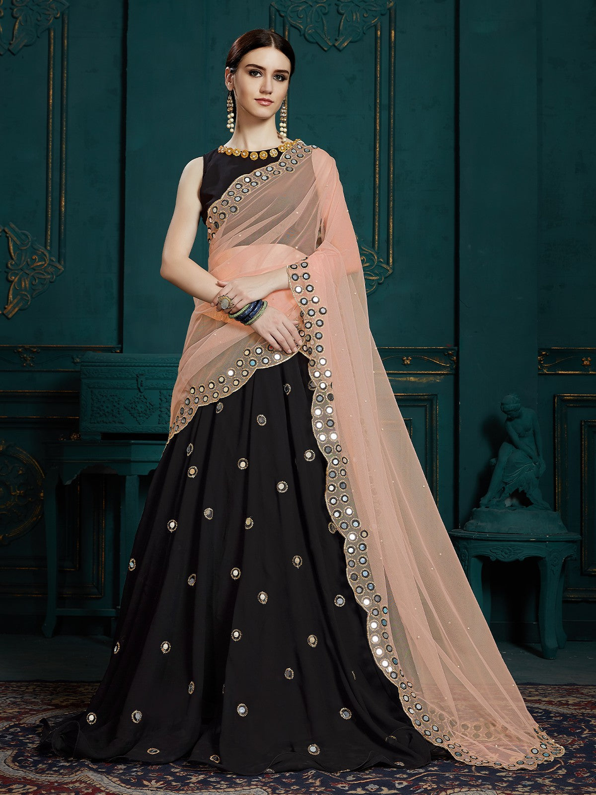 Black Classy Semi Stitched Lehenga With  Unstitched Blouse Clothsvilla