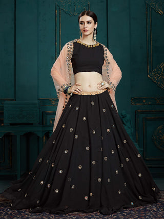 Black Classy Semi Stitched Lehenga With  Unstitched Blouse Clothsvilla