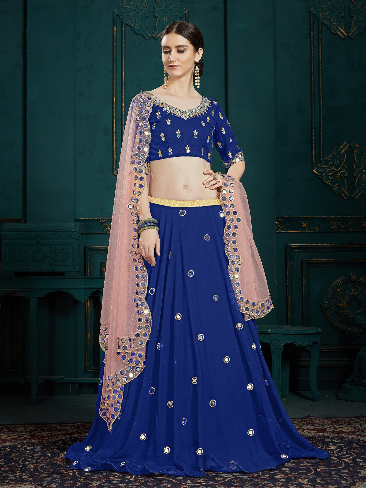 Designer Dark Blue Sequins Semi Stitched Lehenga With  Unstitched Blouse Clothsvilla