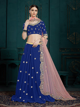 Designer Dark Blue Sequins Semi Stitched Lehenga With  Unstitched Blouse Clothsvilla