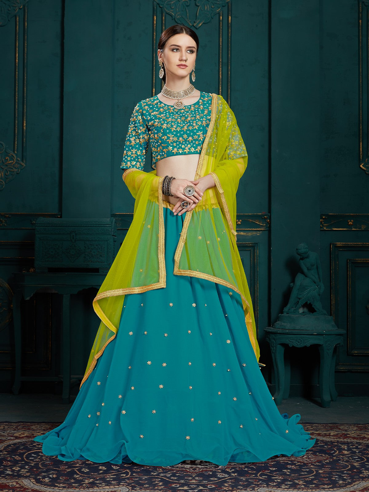 Teal Georgette Sassy Semi Stitched Lehenga With  Unstitched Blouse Clothsvilla Main image