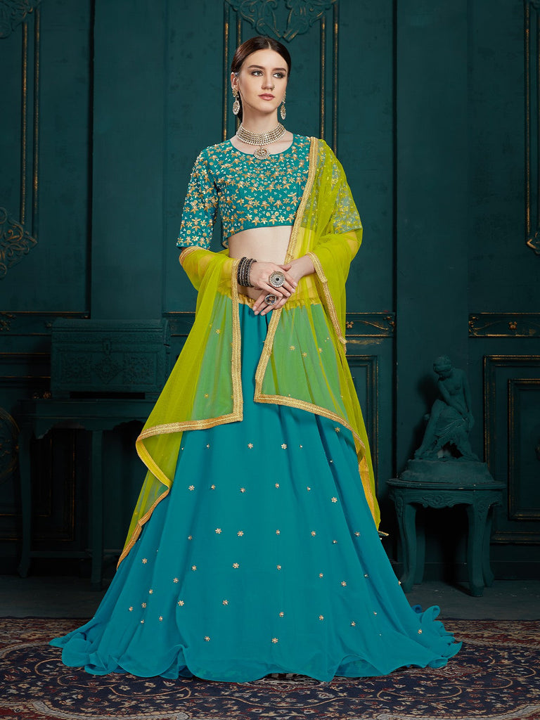Teal Georgette Sassy Semi Stitched Lehenga With  Unstitched Blouse Clothsvilla