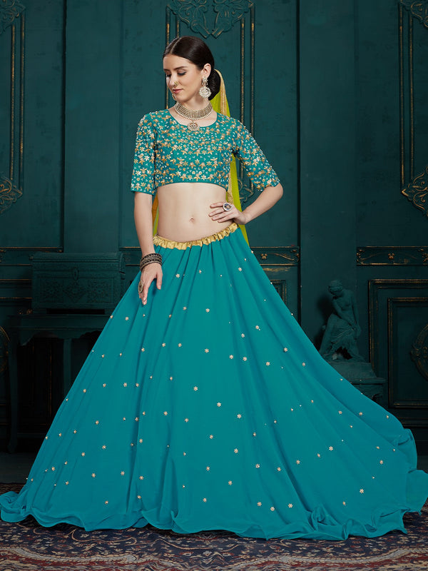 Teal Georgette Sassy Semi Stitched Lehenga With  Unstitched Blouse Clothsvilla