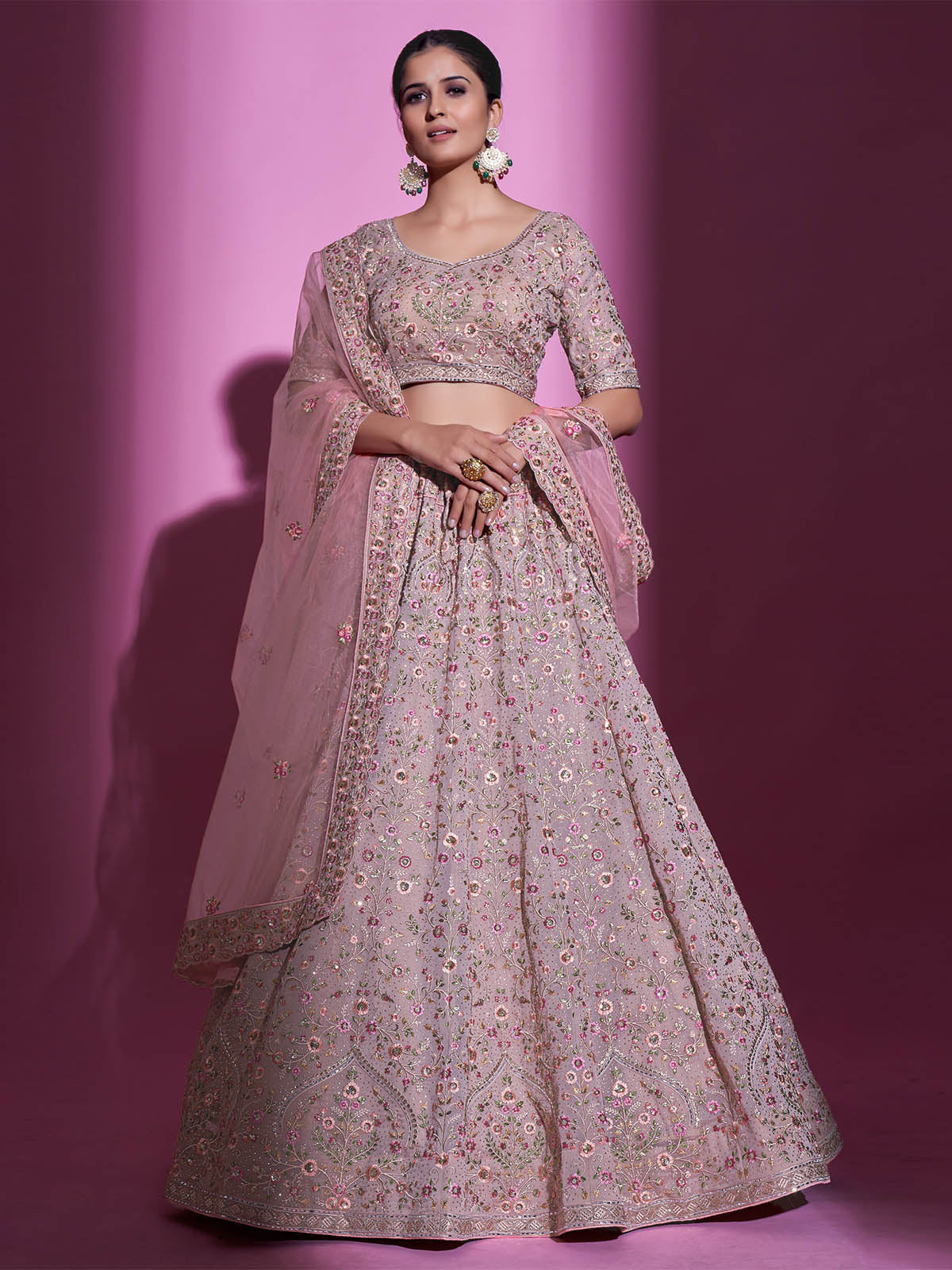 Peach Georgette Embroidered Semi Stitched Lehenga With Unstitched Blouse Clothsvilla Main image