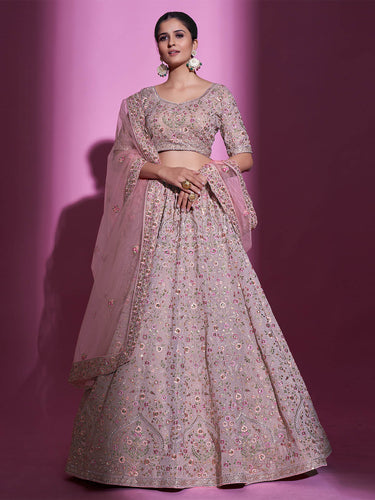 Peach Georgette Embroidered Semi Stitched Lehenga With Unstitched Blouse Clothsvilla